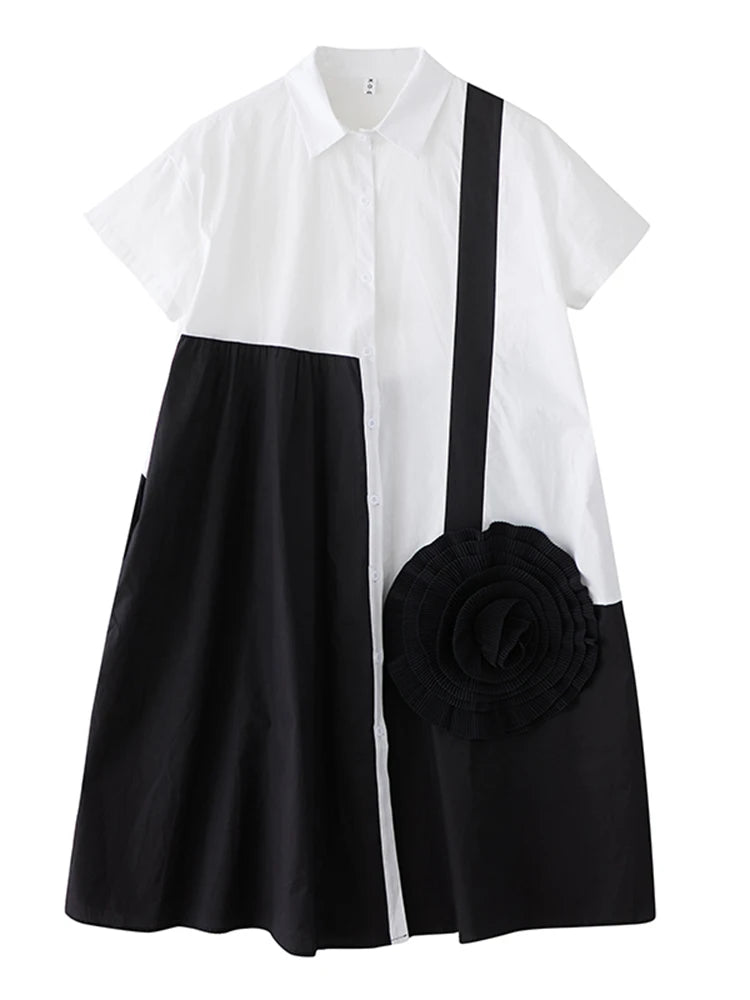 XITAO Patchwork Contrast Color Women Dress Casual Turn-down Collar Sweet Short Sleeve Temperament Summer Female Dress ZMY1361