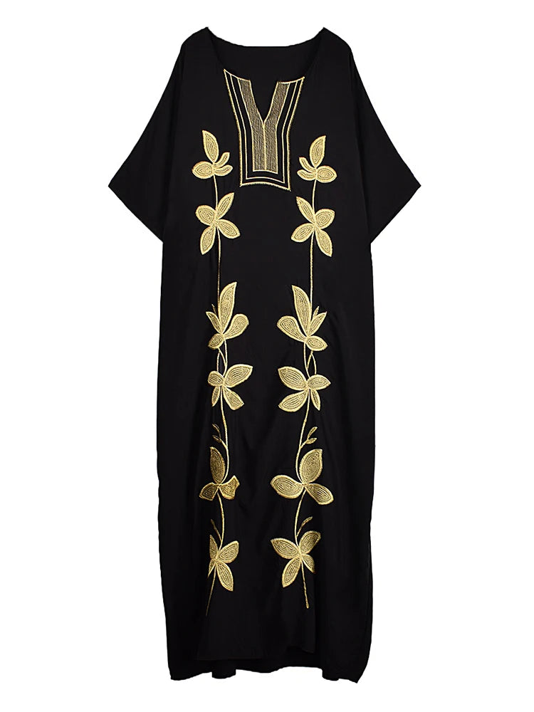 XITAO Embroidery Half Sleeve Loose Female Dress Pullover V-neck Contrast Color Casual Personality Slimming Woman Dress GJ1201