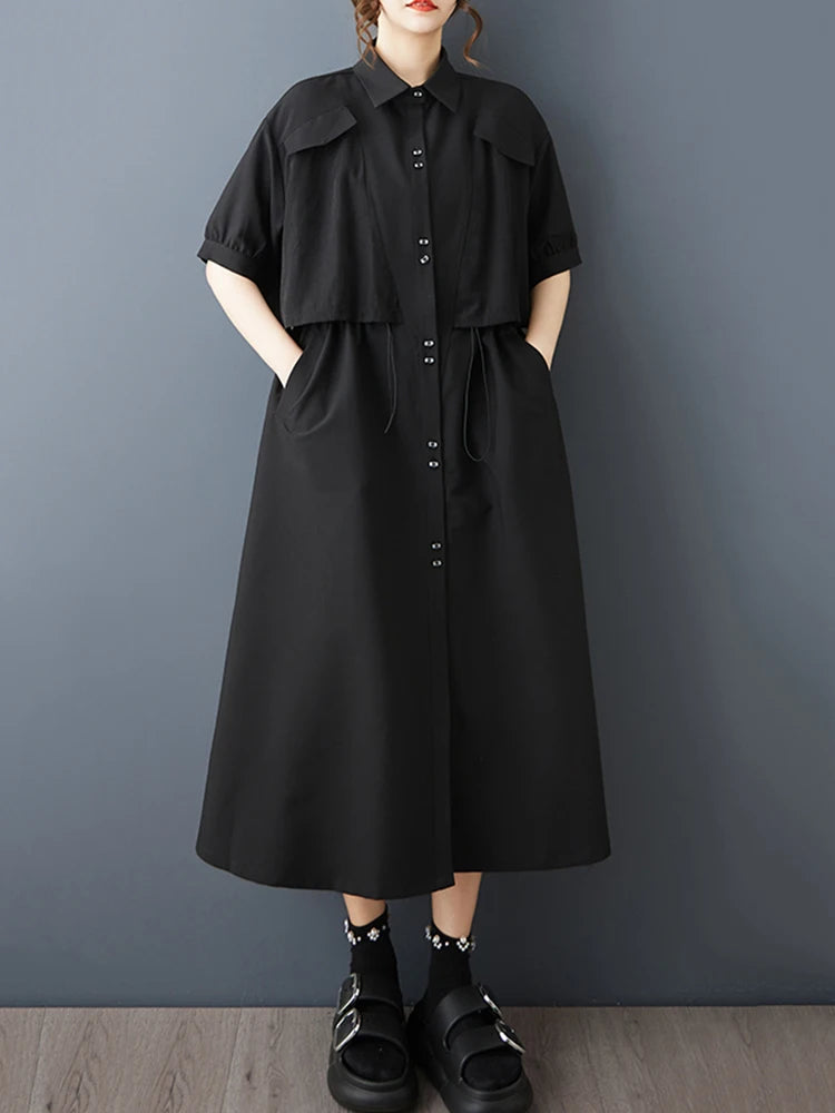 XITAO Drawstring Solid Color Dress Turn-down Collar Short Sleeve Slimming Patchwork Pocket Casual Summer Woman Dress ZMY1402