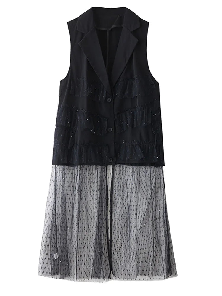 XITAO Gauze Patchwork Sequin Dress Sleeveless V-neck Loose Casual Single Breasted Solid Color Mesh Summer Woman Dress ZMY1320