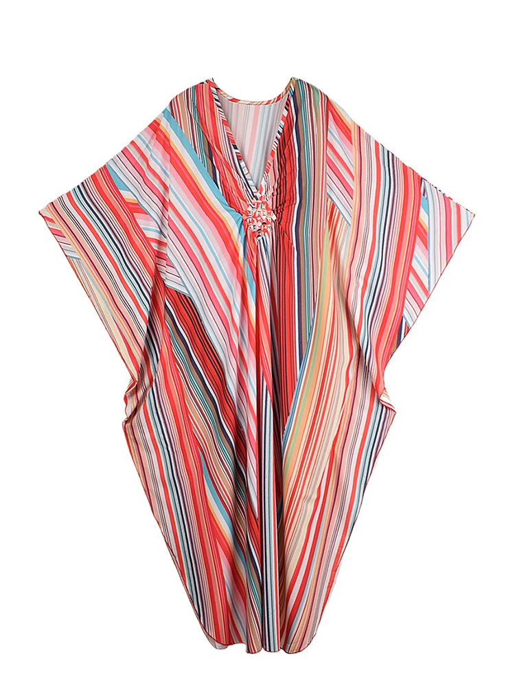 XITAO Print Contrast Color Dress Casual A-line Pullover Fashion V-neck Long Style New Batwing Sleeve Summer Women Dress GJ1149
