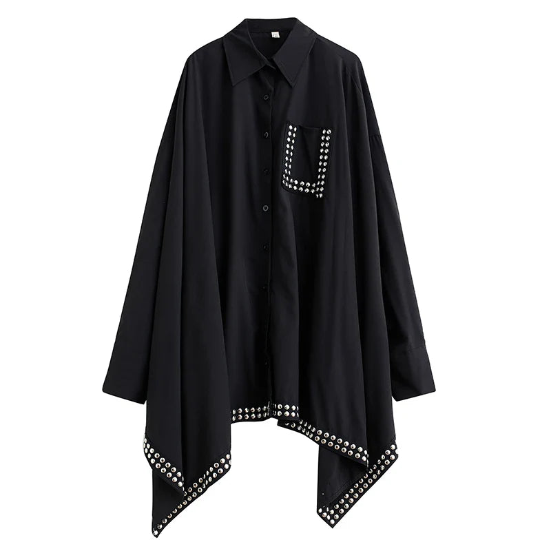 XITAO Rivet Decoration Shirt Bat Wing Sleeve Asymmetrical Women Personality Casual Loose Top Spring New Street Trendy DMJ4025