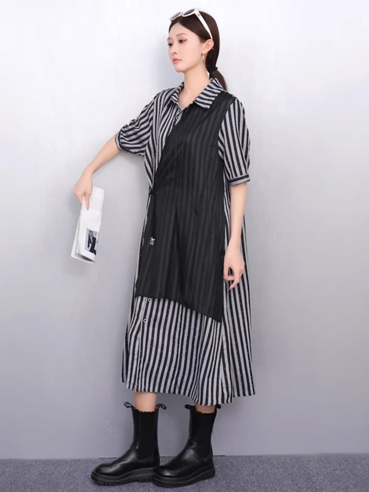 XITAO Irregular Contrast Color Dress Patchwork Striped Short Sleeve Turn-down Collar Temperament Summer Woman Dress ZMY1277