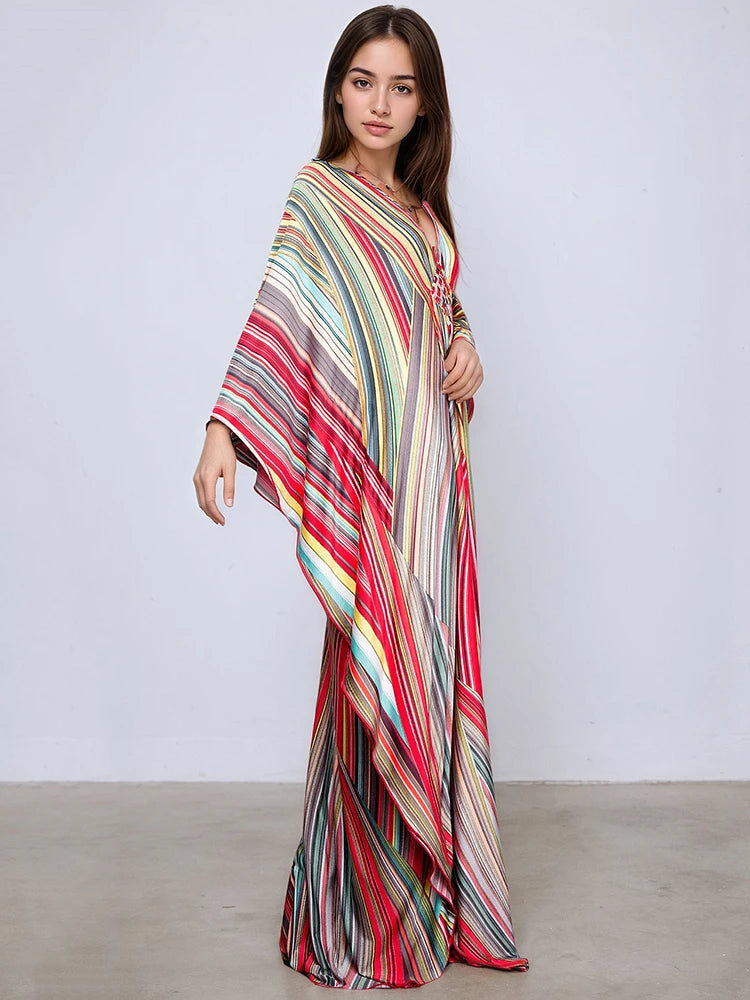 XITAO Print Contrast Color Dress Casual A-line Pullover Fashion V-neck Long Style New Batwing Sleeve Summer Women Dress GJ1149