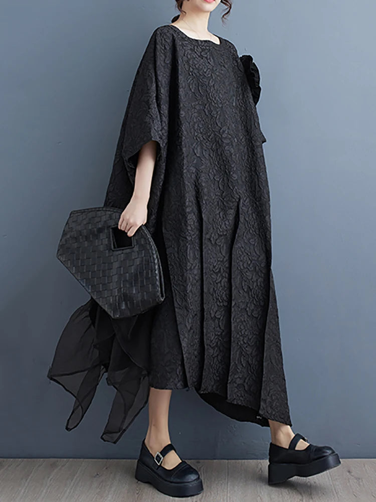 XITAO Gauze Patchwork Batwing Sleeve Dresses Asymmetrical Solid Color Three-dimensional Decoration Loose Dress Spring DMJ3845
