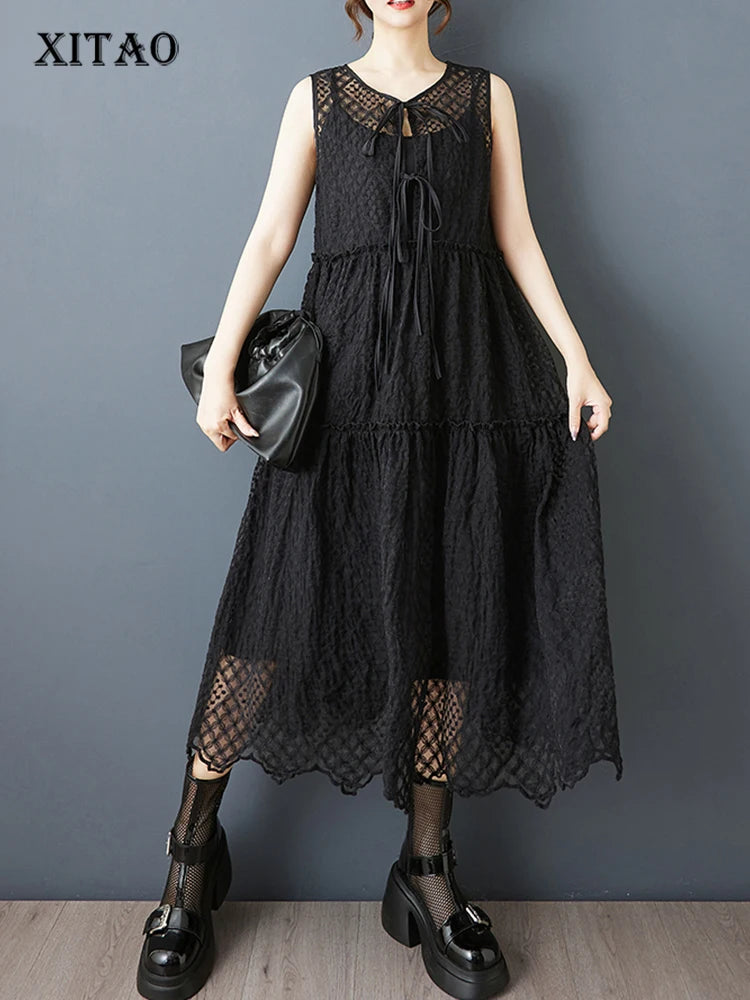 XITAO Lace Drawstring Hollow Out Dress Patchwork Solid Color Loose Sleeveless O-neck Casual Slimming Summer Woman Dress ZMY1312