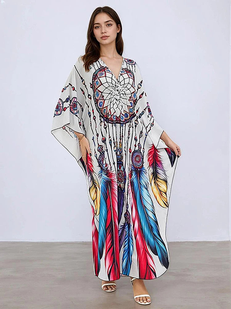 XITAO Print Bat Wing Sleeve Casual Dress Vintage Temperament New Arrival All-match Pullover V-neck Summer Woman Dress GJ1162