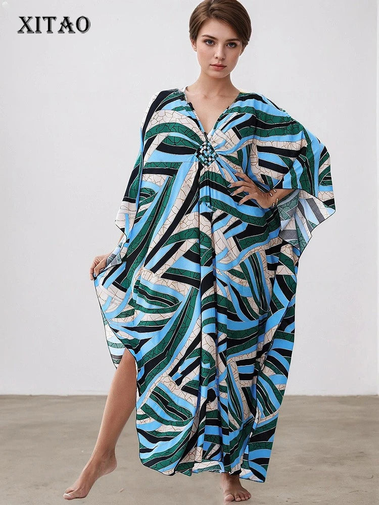 XITAO Beach Asymmetrical Print V-neck Dress Contrast Color Pullover Loose A-line Slimming Summer Woman Ankle-length Dress GJ1173