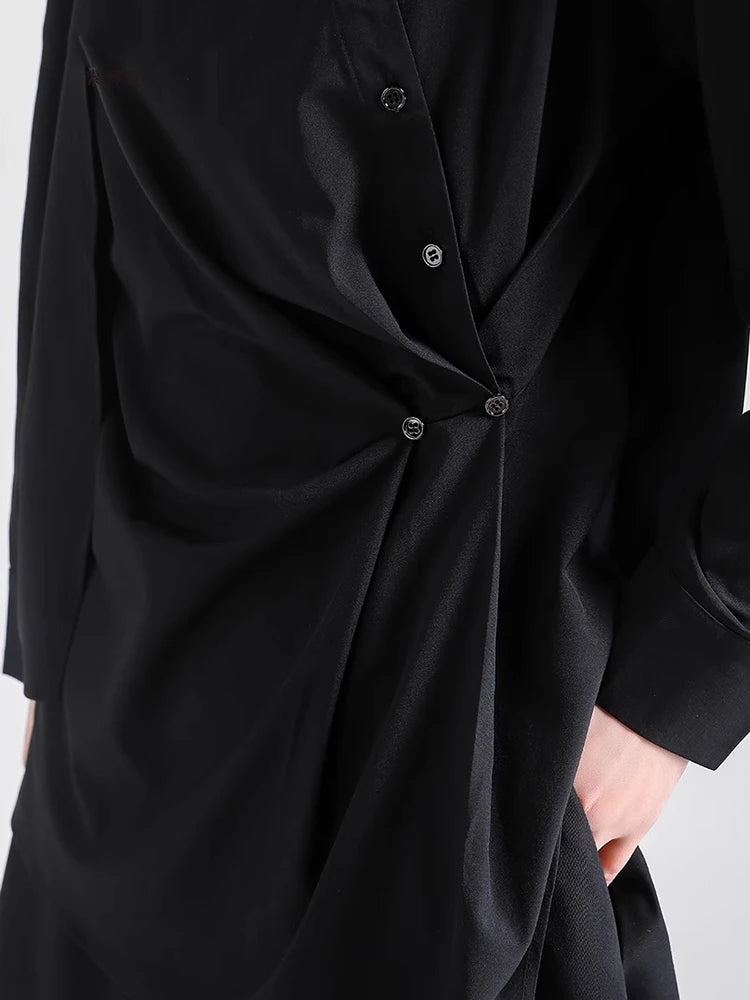 XITAO Single Breasted Half High Collar Shirt Asymmetrical Patchwork Solid Color Long Sleeve Folds Pullover Loose Tops HQQ2500