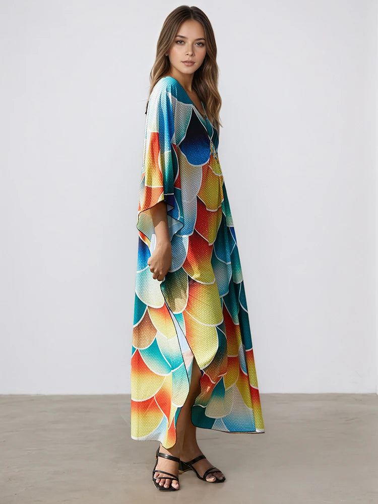 XITAO Side Slit Bat Wing Sleeve Dress Print V-neck Pullover A-line Personality Loose Summer Woman Ankle-length Dress GJ1192