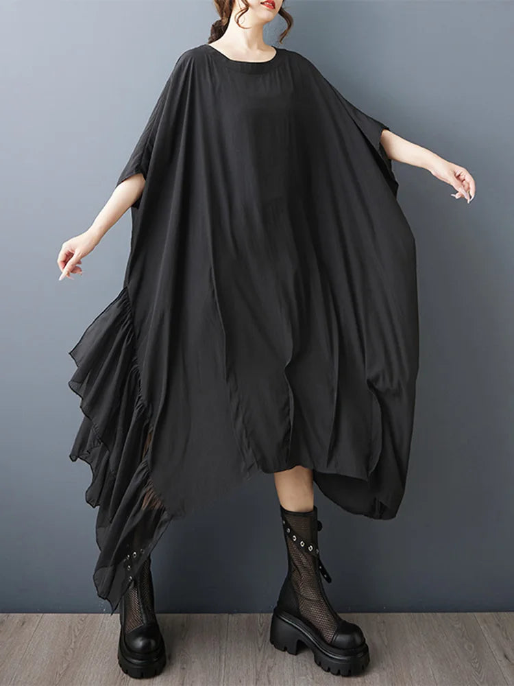 XITAO Asymmetrical Solid Color Patchwork Dress Loose Pullover Bat Wing Sleeve Temperament Summer Woman Slimming Dress ZMY1349