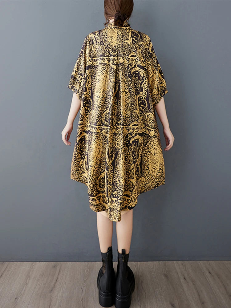 XITAO Print Turn-down Collar Single Breasted Dress Loose Fitting A-line Korea Casual Slimming Summer Women Dress ZMY1149
