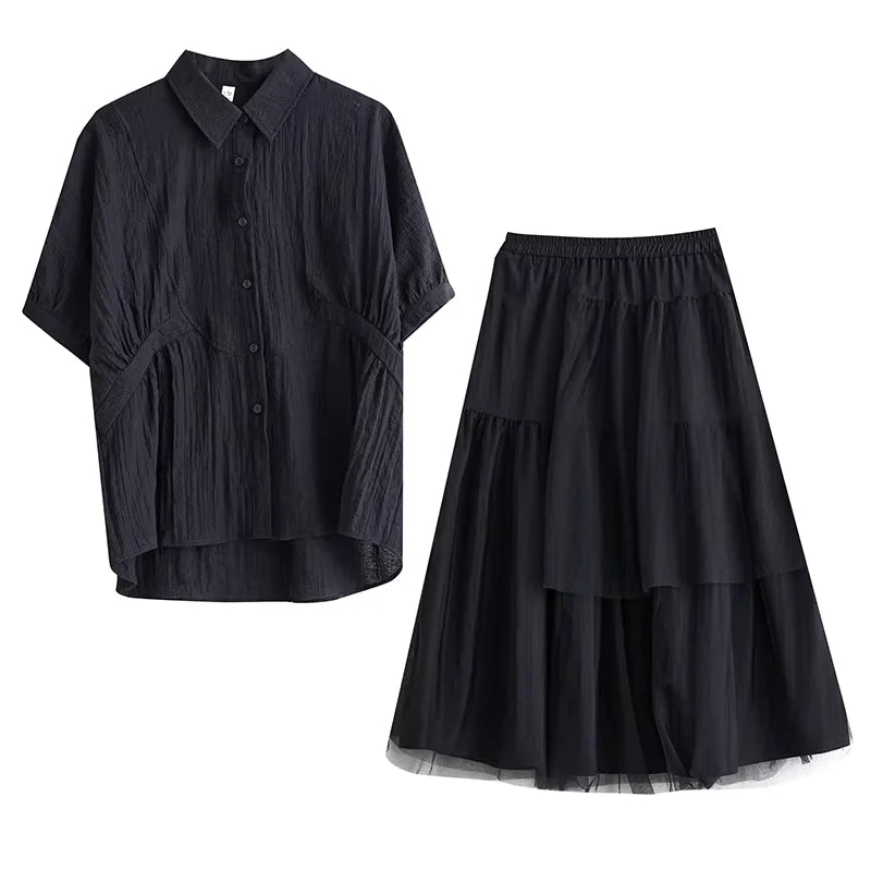 XITAO Mesh Patchwork Elastic Waist Matching Set Casual Solid Color Single Breasted Turn-down Collar New Women Set ZMY1139