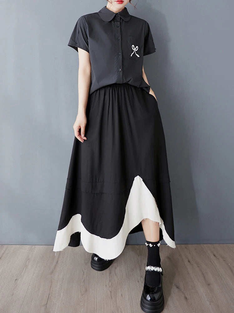 XITAO Asymmetric Patchwork Contrast Color Skirt Casual A-line Elastic Waist Fashion Mid-calf Goth Spring Women Skirt GYX1571