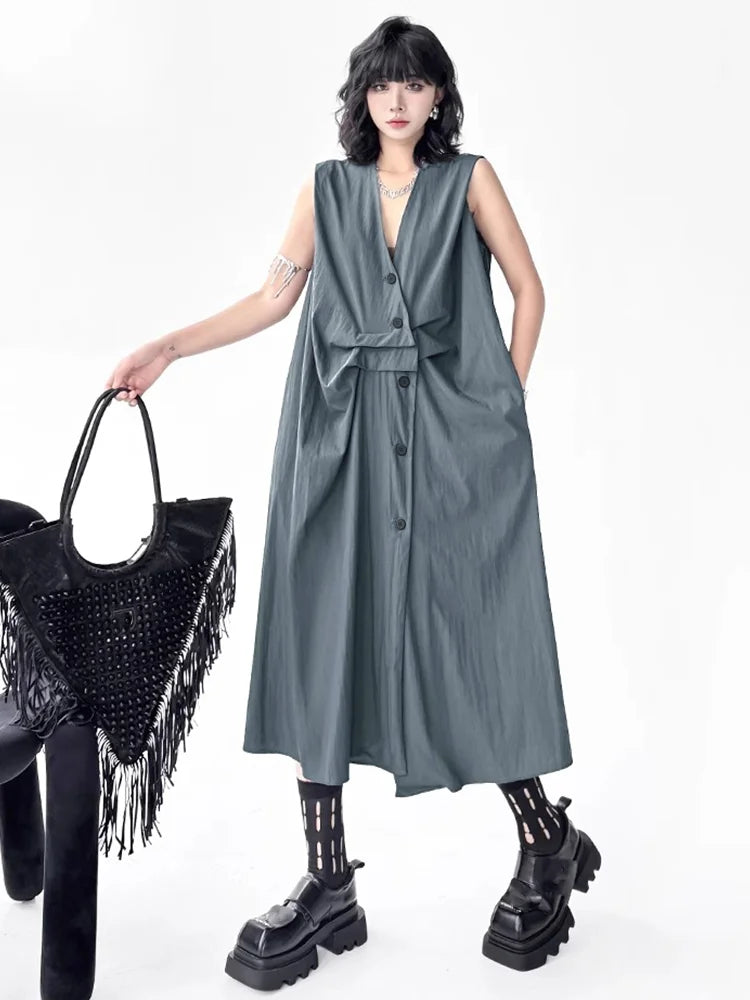 XITAO Women Sleeveless Vintage Dress V-neck Loose Casual Single Breasted Solid Color Slimming Summer Female Dress ZMY1393