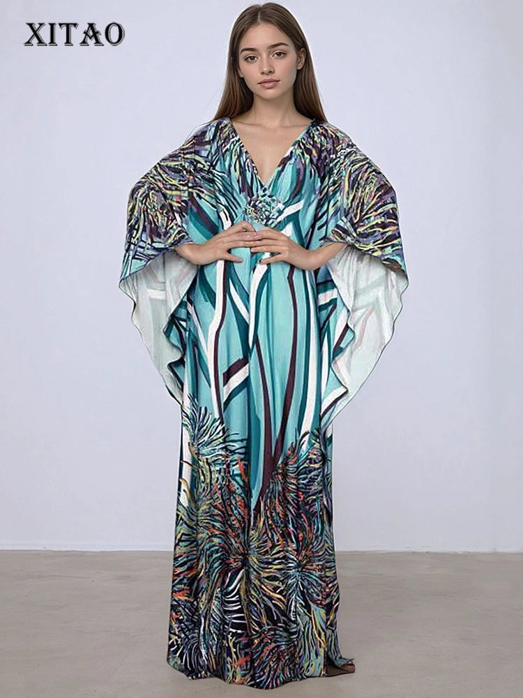 XITAO Print Batwing Sleeve Dress Casual A-line Personality Loose Fitting V-neck Full Sleeve New Summer Female Dress GJ1150