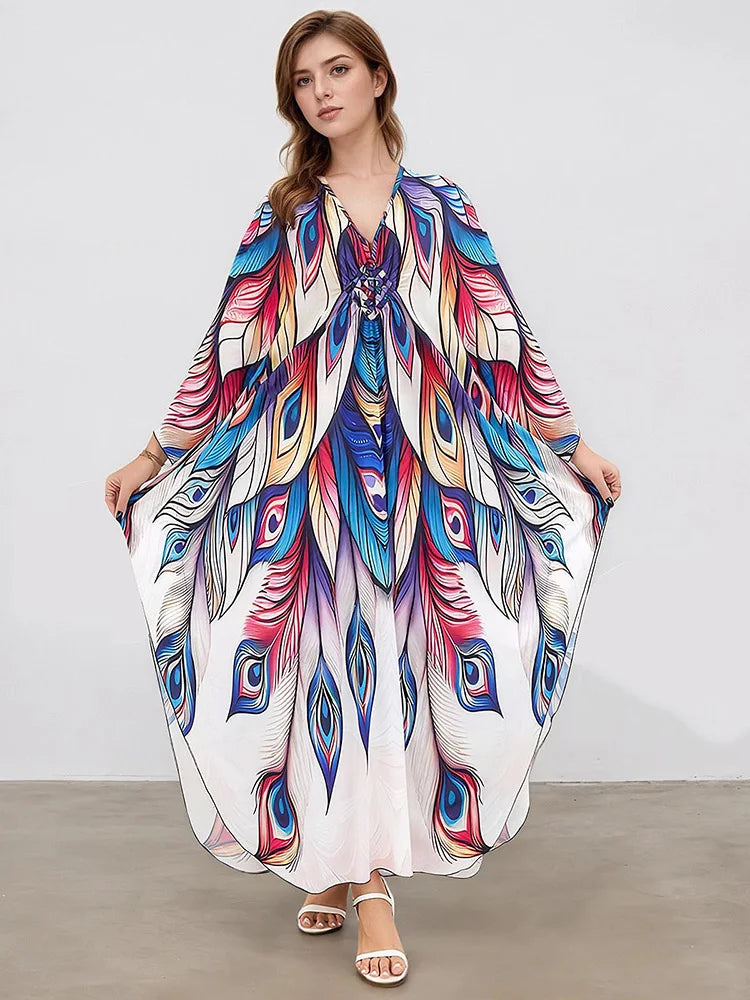 XITAO Bat Wing Sleeve Loose V-neck Dress Peacock Print Pullover Contrast Color Vintage Slimming Summer Woman Dress GJ1156