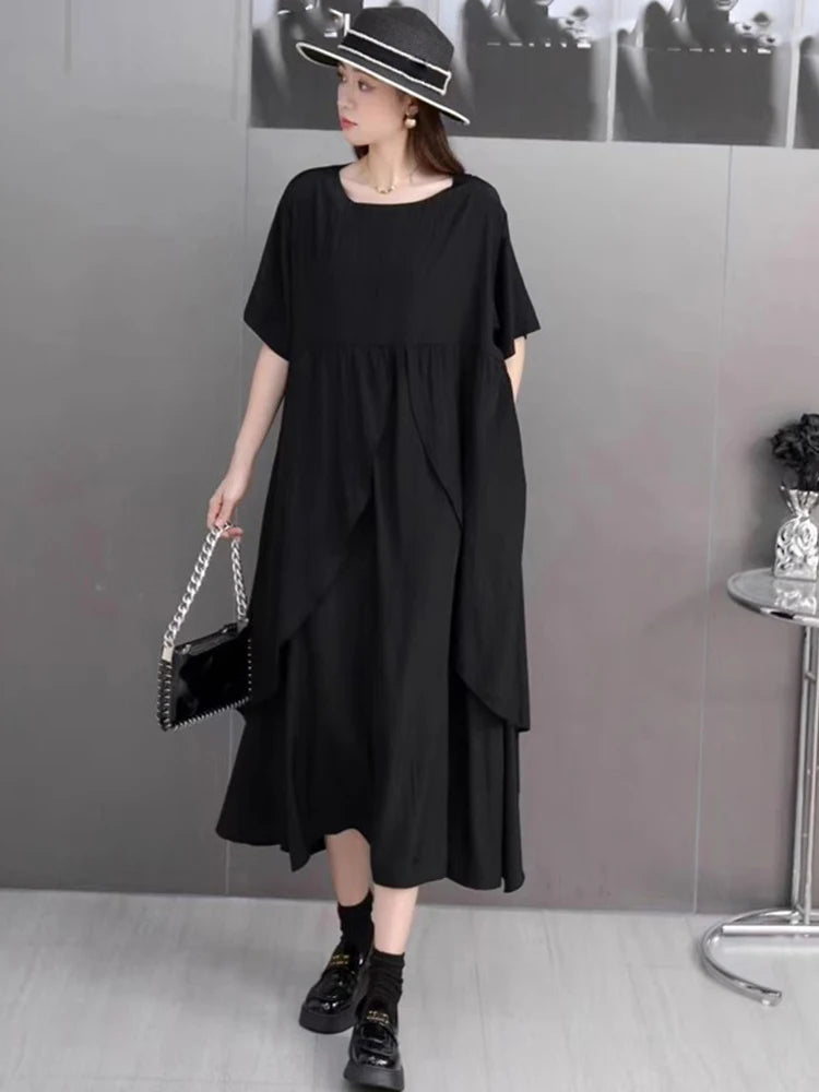 XITAO Irregular O-neck Loose Dress Solid Color Short Sleeve Patchwork Simple Casual Elegant All-match Summer Woman Dress ZMY1381