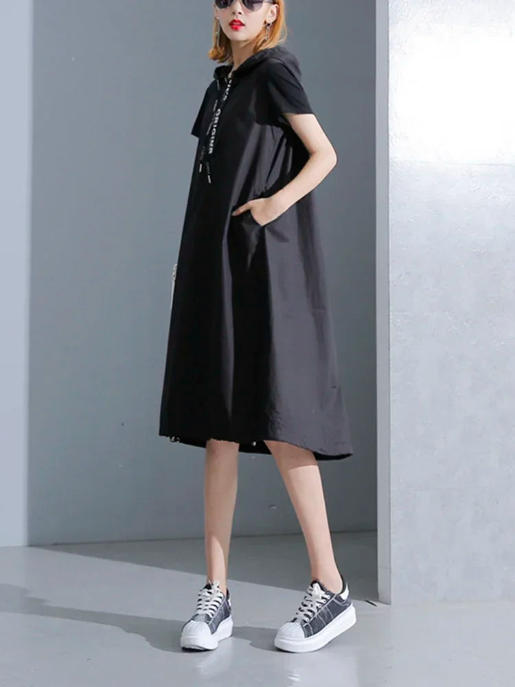XITAO Hoodie Black Midi Dress 2019 Women Short Sleeve Elegant Womens Clothing Pullover A Line Party Dress New KY428