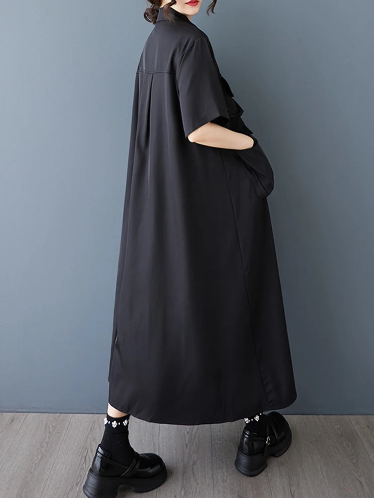 XITAO Asymmetric Pocket Female Dress Loose Solid Color Turn-down Collar Single Breasted Women Temperament Shirt Dress ZMY1145