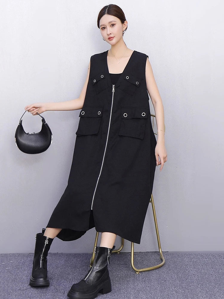 XITAO Sleeveless Patchwork Dress Pocket Solid Color Zipper Loose New Arrival A-line V-neck Elegant Summer Woman Dress ZMY1363