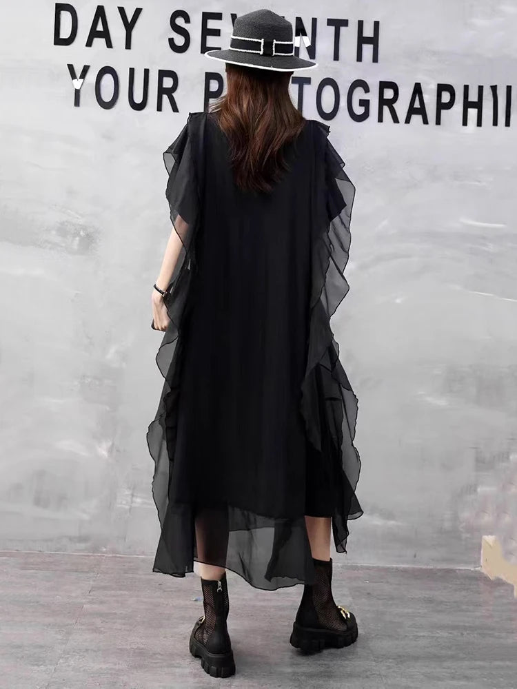 XITAO Asymmetrical Patchwork O-neck Dress Casual Loose Fitting A-line Solid Color Elegant New Arrival Summer Women Dress GYX1651