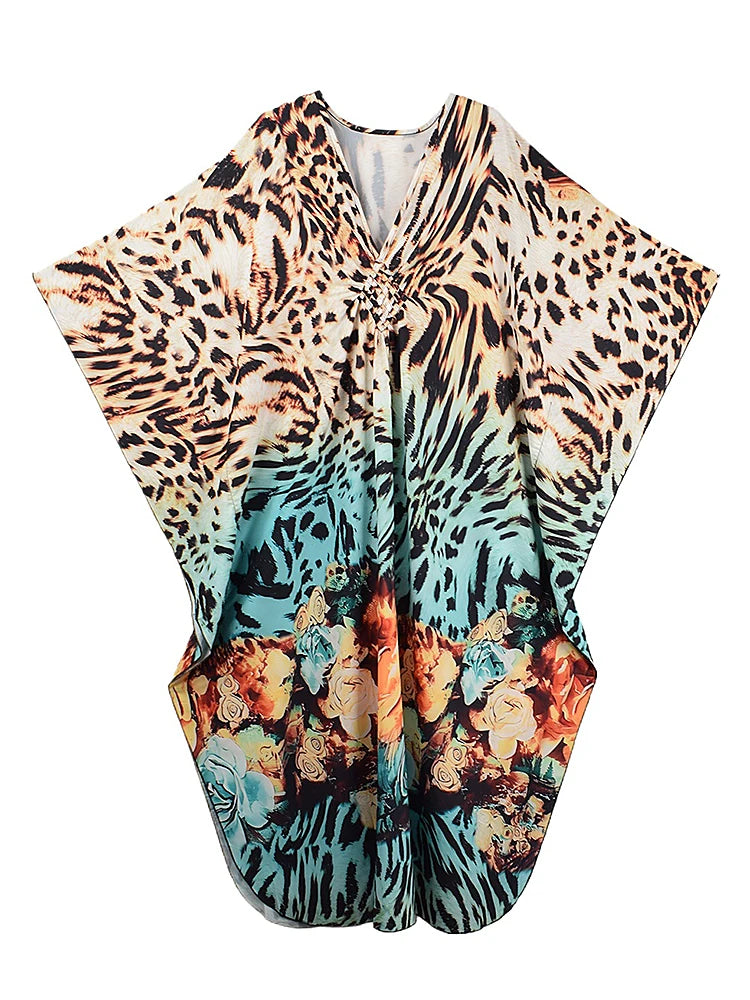 XITAO Leopard V-neck Vintage Dress Print Side Slit New Arrival Bat Wing Sleeve Loose Casual Pullover Summer Woman Dress GJ1179