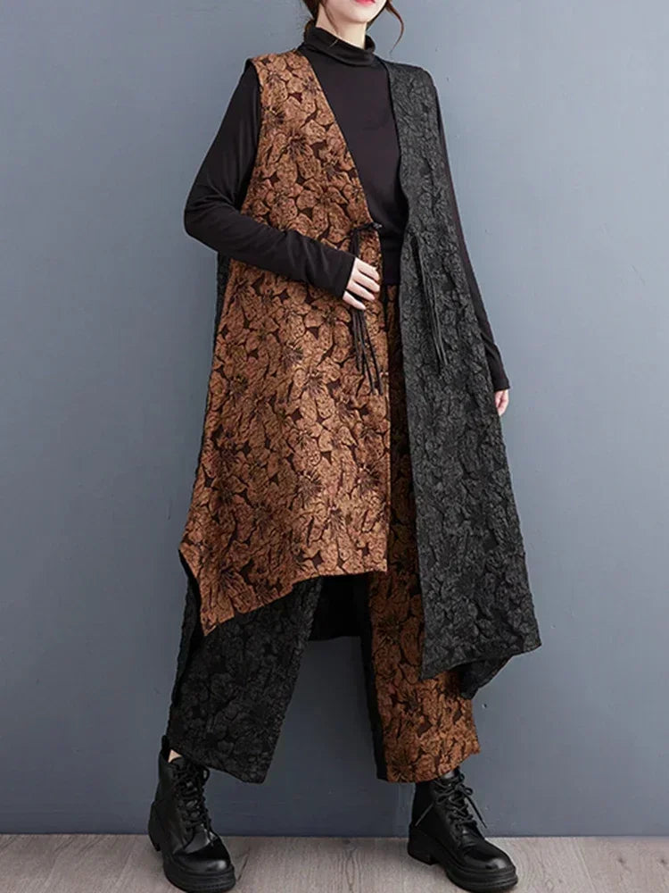 XITAO Vintage Floret Irregular Two Piece Set Personality Contrast Color Patchwork Women New Arrival Trend Vest HQQ1654