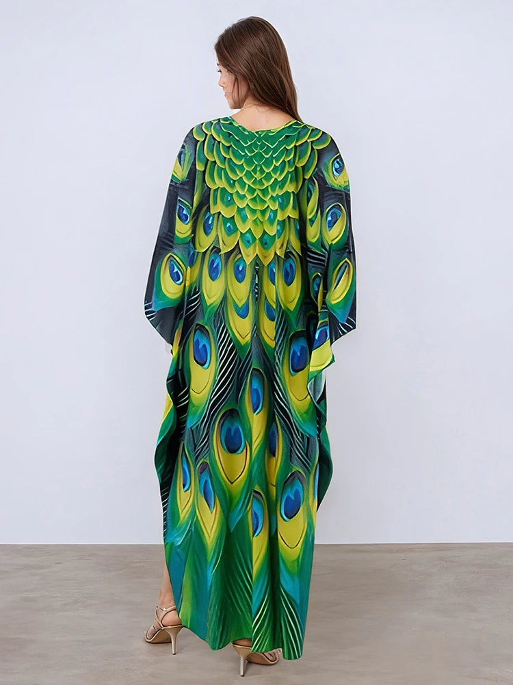 XITAO Batwing Sleeve Print Contrast Color Pullover Dress V-neck Loose New Temperament Ankle-length Women Dress Summer GJ1143