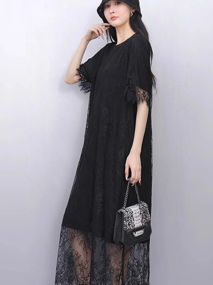 XITAO Lace O-neck Half Sleeve Dress Casual Loose Fitting Elegant Comfortable Slimming Summer Fashion Women Dress ZMY1207
