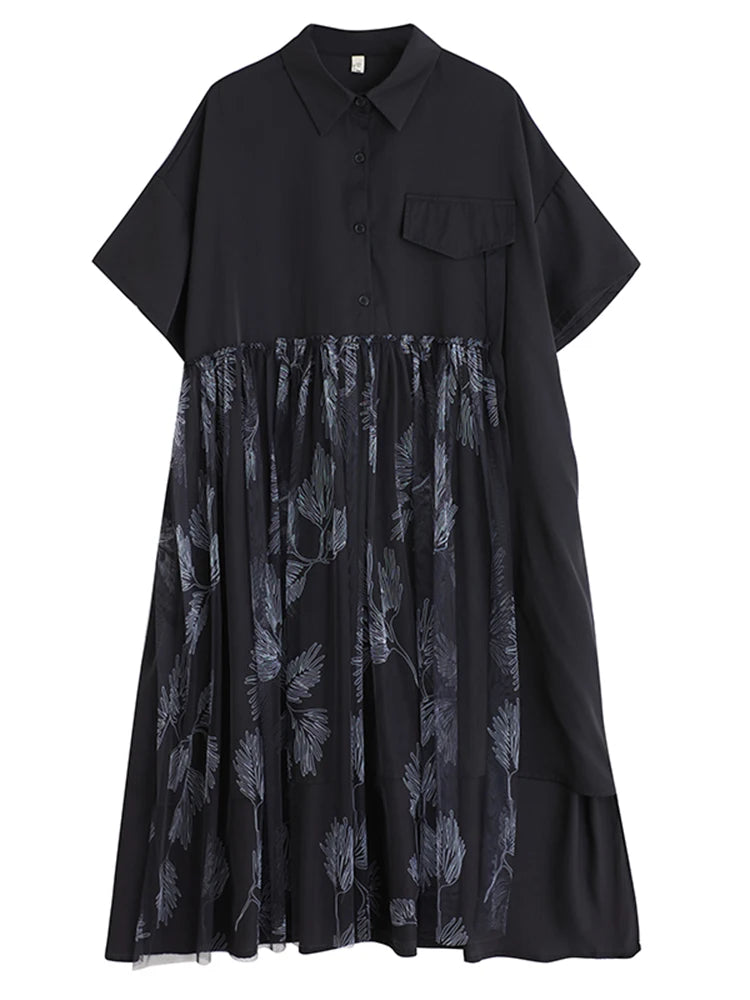 XITAO Patchwork Mesh Single Breasted Dress Casual Loose Fitting Short Sleeve Turn-down Collar New Arrival Female Dress GYX1630