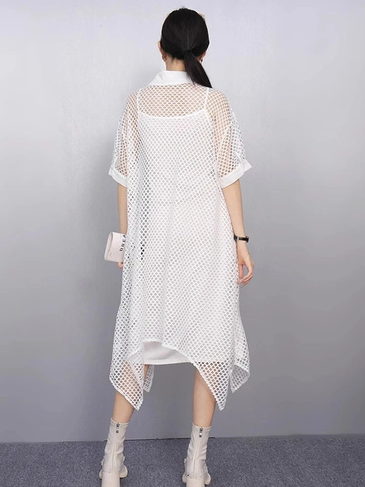 XITAO Asymmetrical Single Breasted Dress Casual A-line Loose Fitting Slimming Hollow Out Half Sleeve Summer Female Dress GYX1662