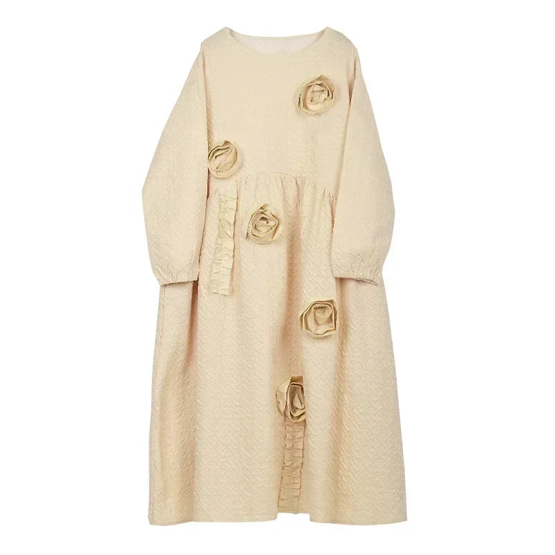 XITAO Autumn New Korea Dress 2024 Fashion Loose Long Solid Color Three-dimensional Flower Decoration Casual Women WMD3784