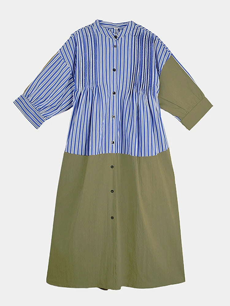 XITAO Contrast Color Striped Casual Dress Patchwork Single Breasted Stand Collar Vintage Side Slit Summer Woman Dress ZMY1365