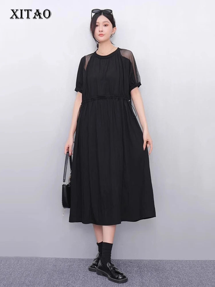 XITAO Gauze Patchwork Draw String Dress O-neck Short Sleeve Solid Color Simple Loose Slimming Summer Woman Dress ZMY1240