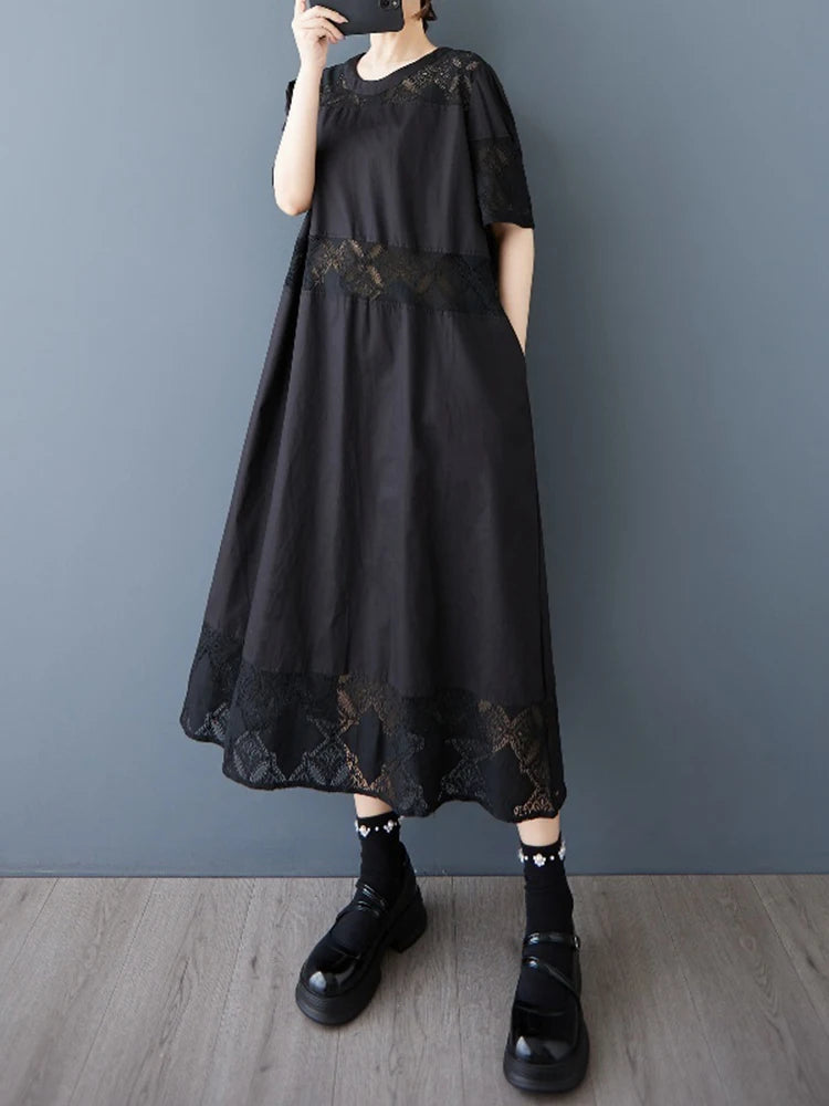 XITAO Hollow Out Patchwork Lace Dress Casual O-neck A-line Short Sleeve A-line New Arrival Fashion Summer Women Dress HQQ2472