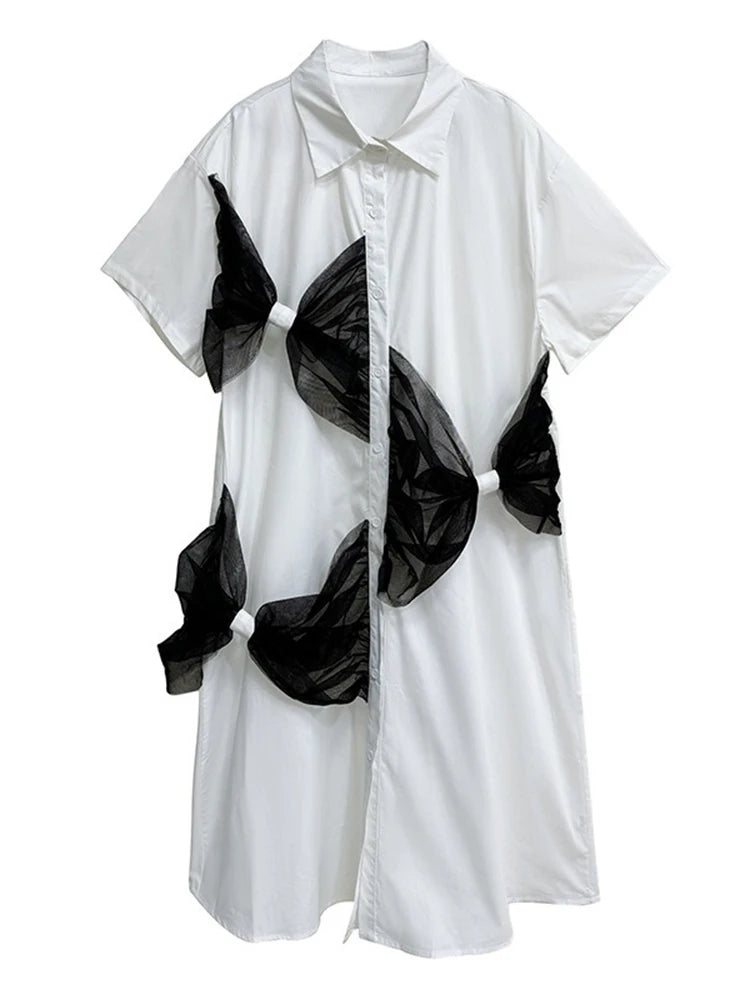 XITAO Patchwork Bow Mesh Female Shirt Dress Casual Simple Single Breasted Women Loose A-line Personality Street Dress HQQ2443