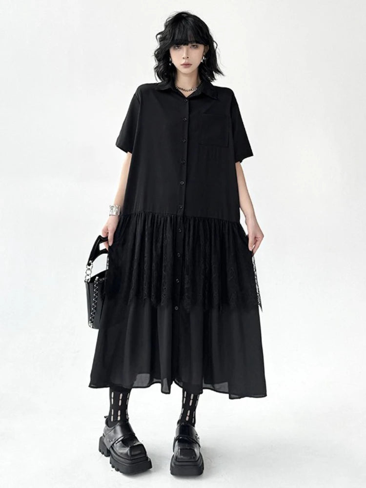 XITAO Lace Patchwork Gauze Single Breasted Dress Solid Color Turn-down Collar Short Sleeve Loose Women Slimming Dress ZMY1249