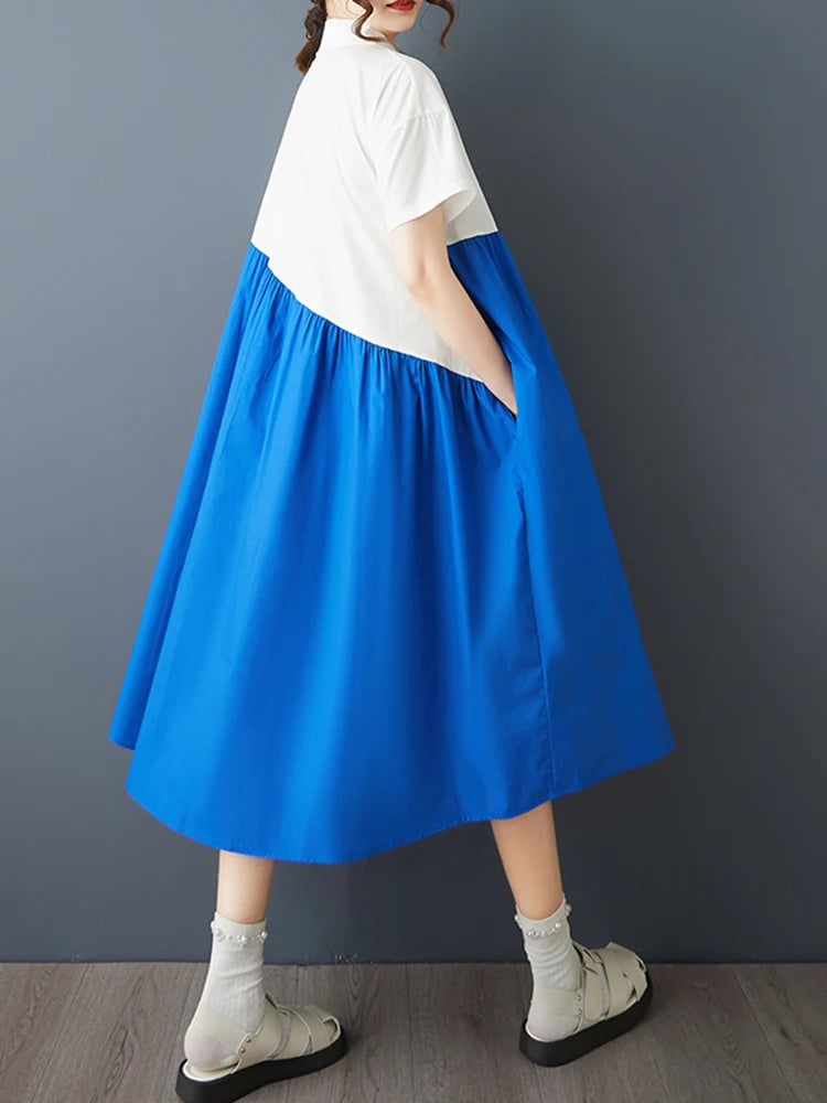 XITAO Patchwork Contrast Color Women Dress Casual Turn-down Collar Sweet Short Sleeve Temperament Summer Female Dress ZMY1361