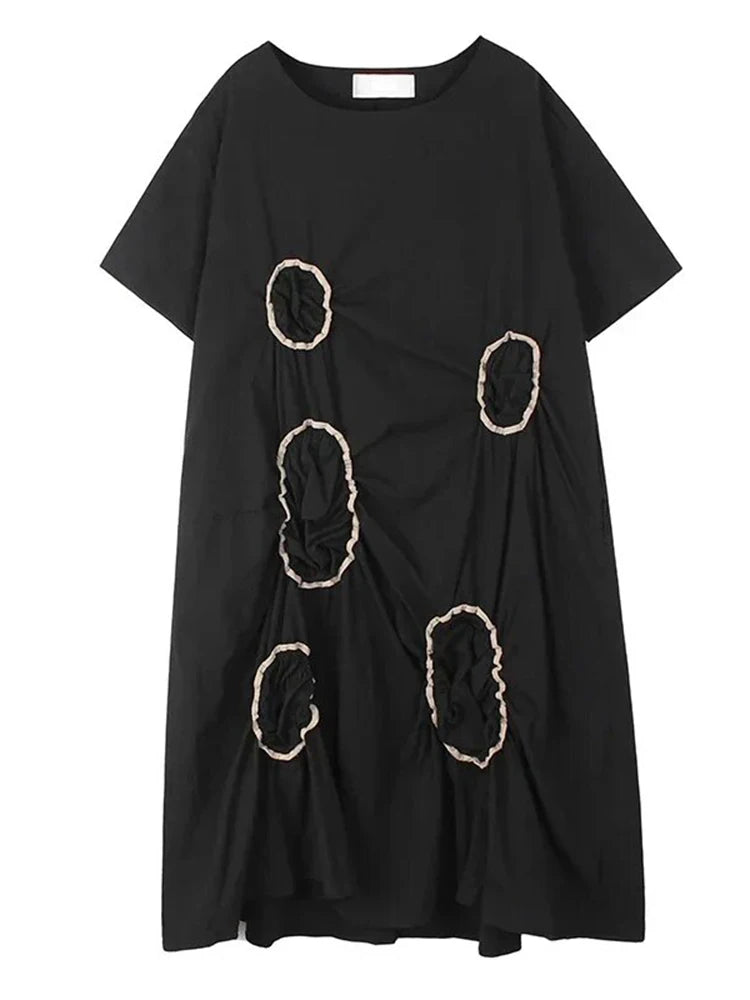 XITAO Vintage Casual T-shirt Dress Irregular Contrast Color Round Folds Decorate Fashion Loose Summer New Women Dress WMD6701
