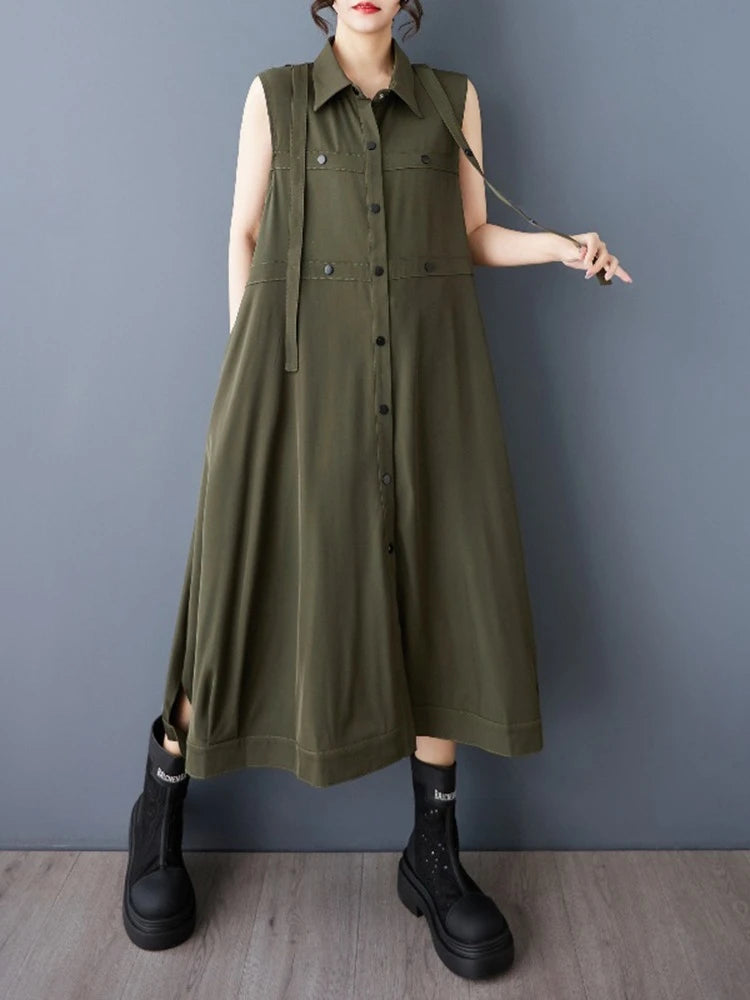 XITAO Single Breasted Sleeveless Dress Turn-down Collar Casual New Arrival Button Ribbon New Arrival Summer Women Dress ZMY1046
