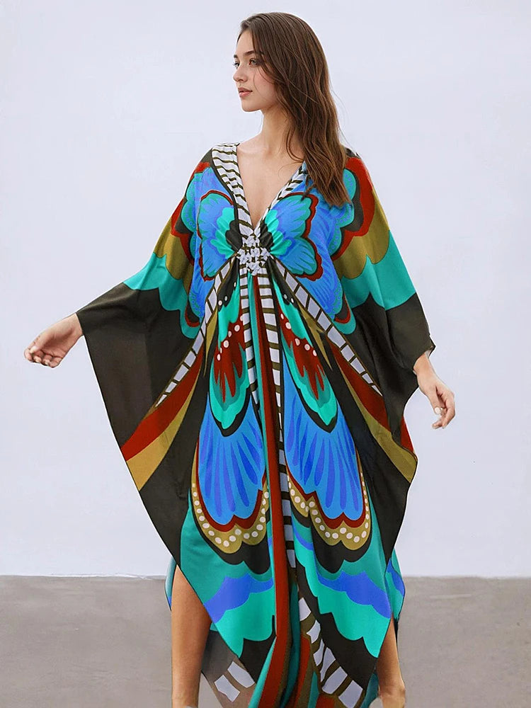 XITAO Butterfly Print V-neck Loose Dress Contrast Bat Wing Sleeve Casual Temperament Summer Woman Ankle-length Dress GJ1153