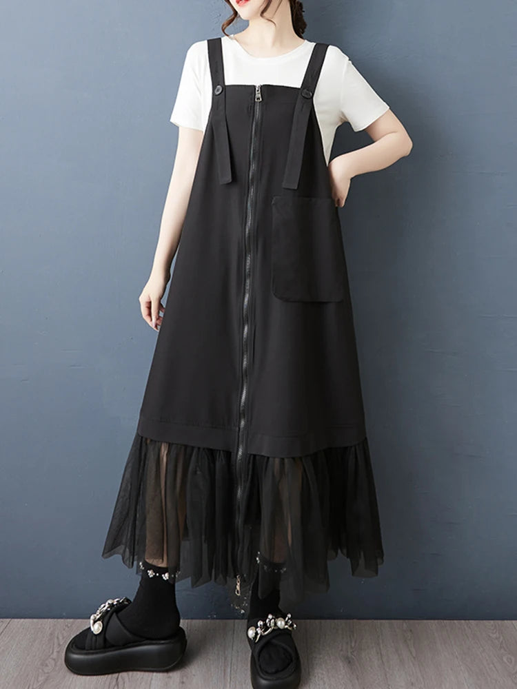 XITAO Gauze Patchwork Pocket Dress Solid Color Square Collar Sleeveless Loose Casual Slimming Summer Woman Straps Dress ZMY1313
