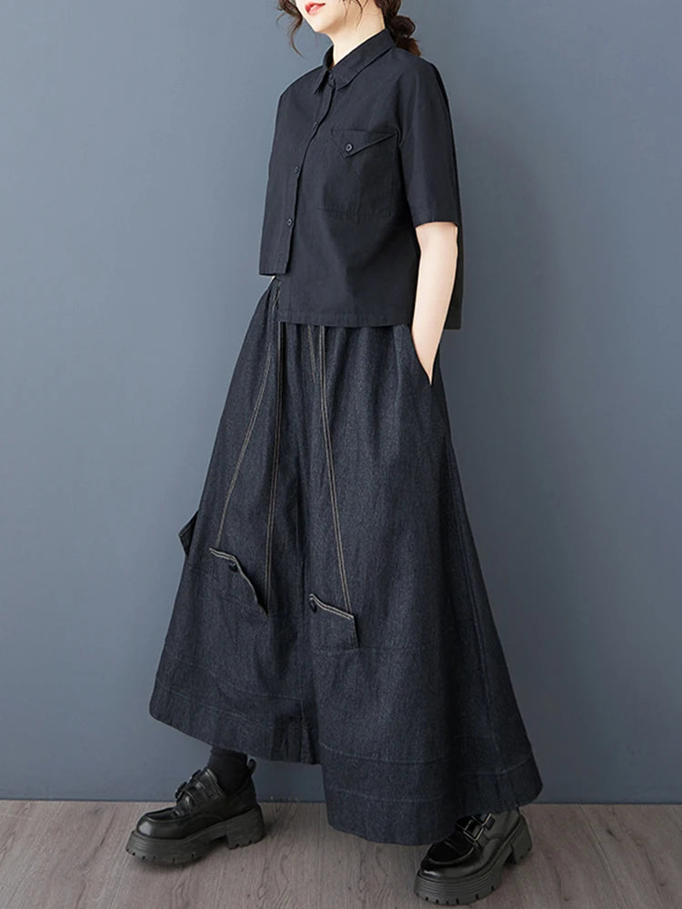 XITAO Pocket Elastic Waist Casual Skirt Loose Fitting Vintage Fashion A-line High Waist New Simple Spring Women Skirt GYX1512