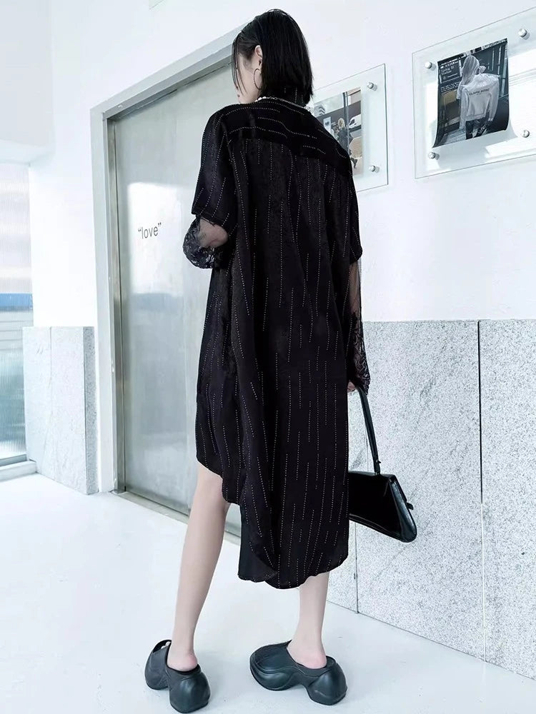 XITAO Asymmetrical Lace Patchwork Stripe Dress A-line Single Breasted Turn-down Collar Personality Spring Women Dress ZMY1345