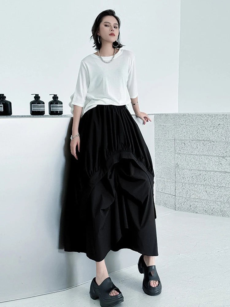 XITAO Fold Solid Color Elastic Waist Skirt Pocket Patchwork A-line Mid-calf Loose All Match Slimming Temperament Skirt ZMY1187