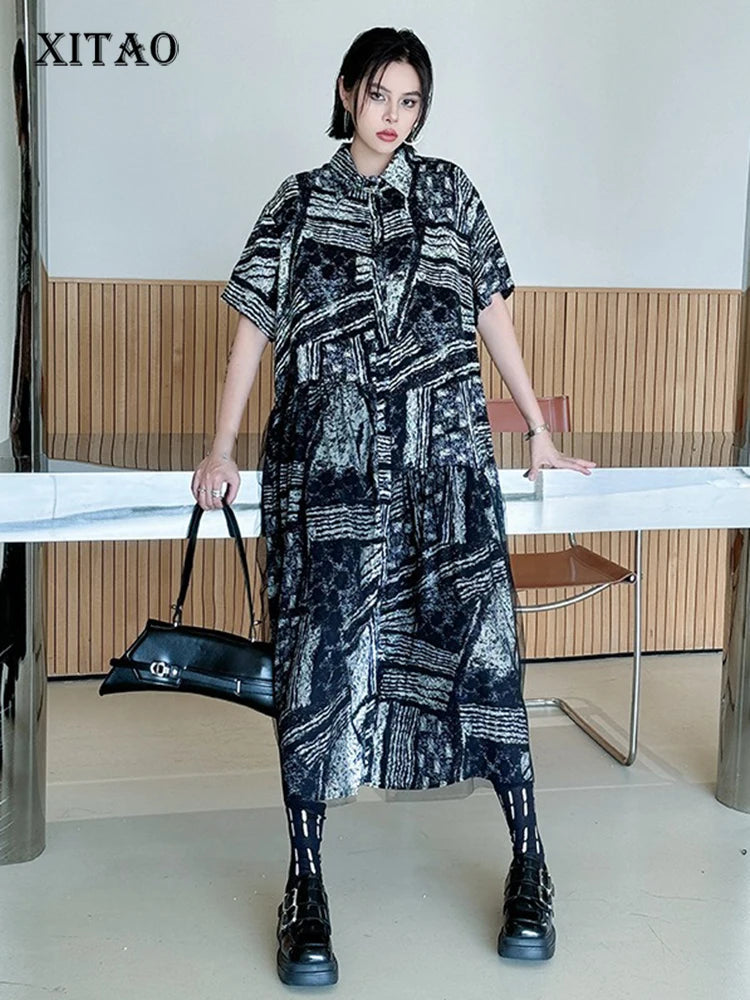 XITAO Print Gauze Patchwork Pullover Women Short Sleeve Dress Turn-down Collar Loose Slimming A-line Casual Dress ZMY1162