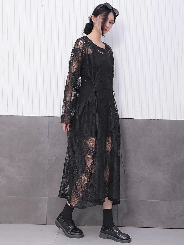 XITAO Loose Drawstring Hollow Out Dress Casual Long Sleeve Embroidery Trend Women Simple Temperament Elegant Dress HQQ2451