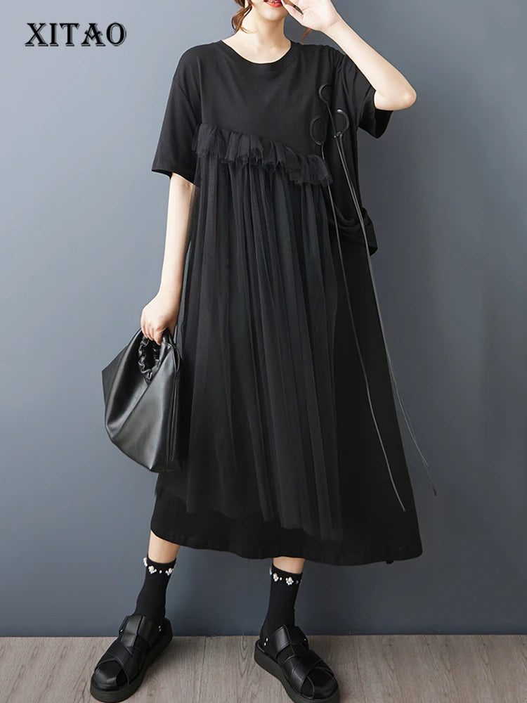 XITAO Gauze Patchwork Loose Female Dress Short Sleeve Pullover Irregular Casual Temperament Slimming Summer Woman Dress ZMY1359
