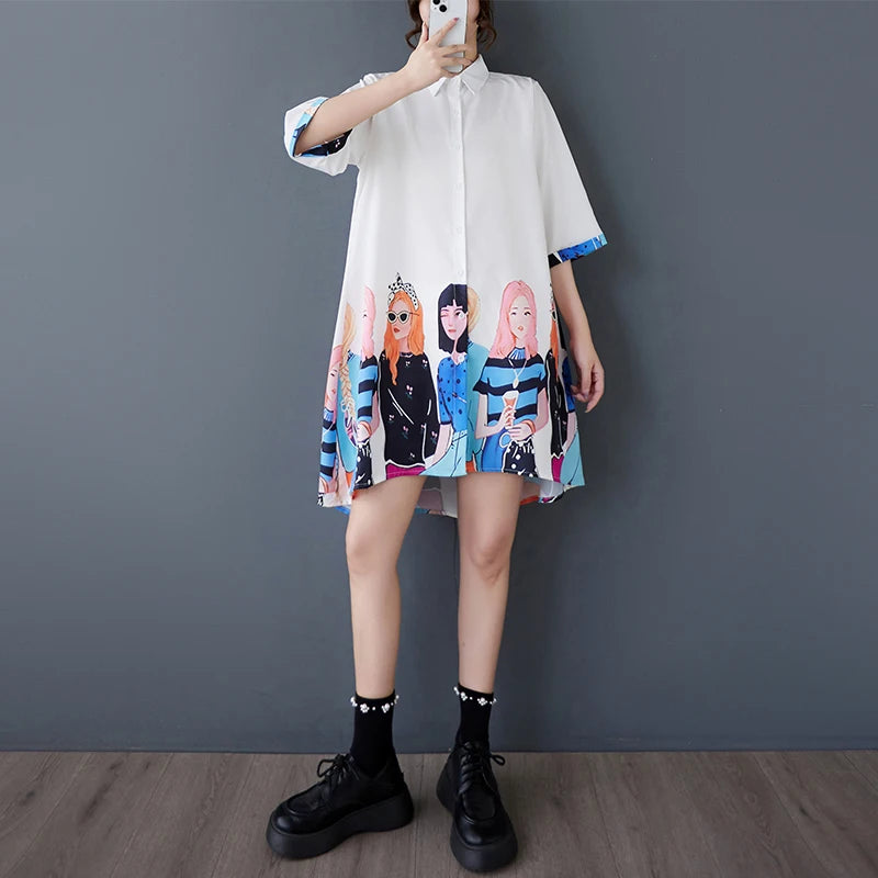 XITAO Print Single Breasted Loose Female Dress Half Sleeve Turn-down Collar Casual Cartoon Summer Women Irregular Dress ZMY1218